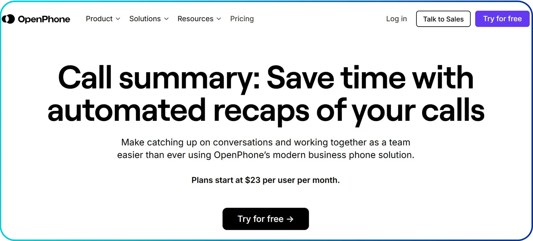 call summary feature page of openphone