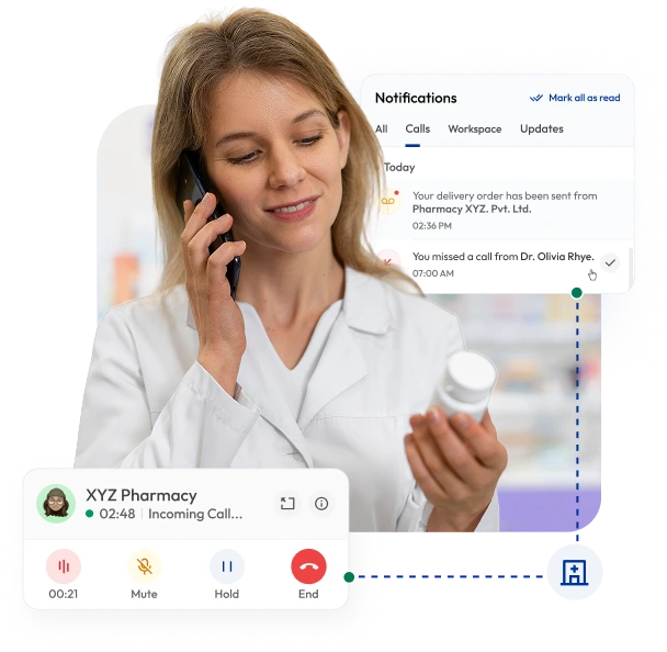 A pharmacist on a call showing call center software for managing prescriptions