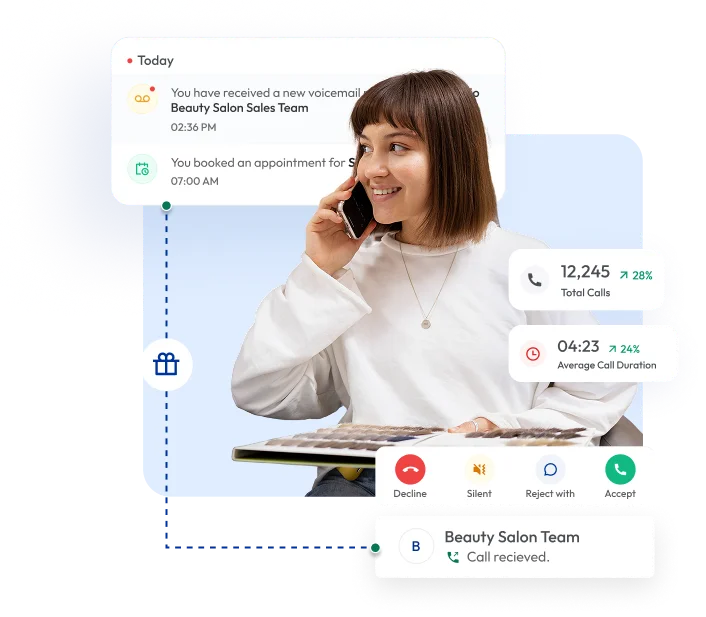 Beauty salon receptionist managing calls and appointments using a business phone system dashboard showing call statistics and notifications