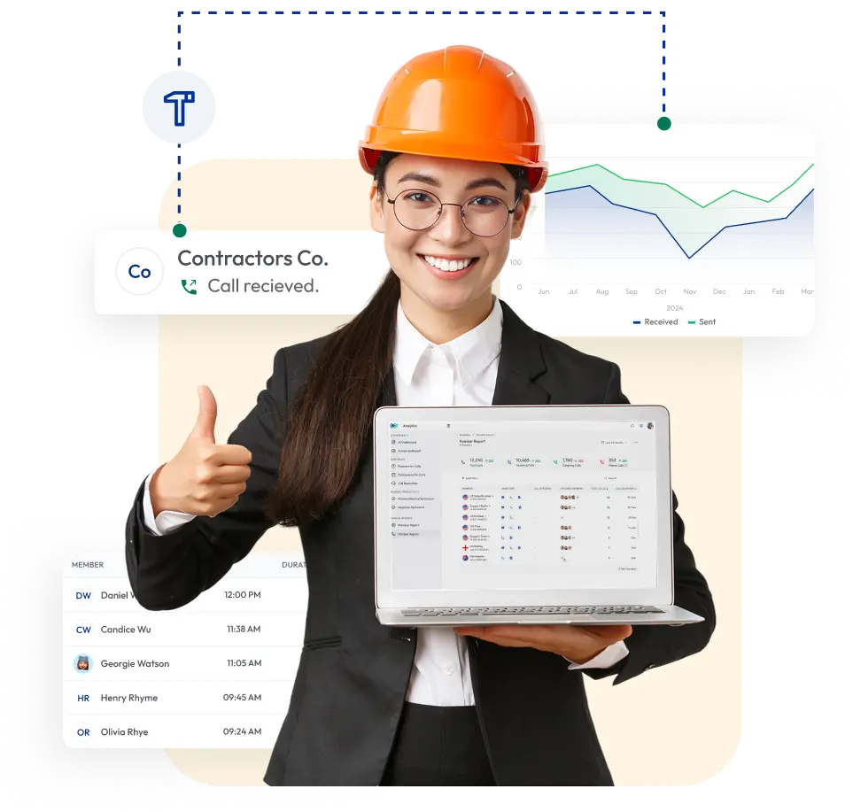 women holding a laptop showing call analytics dashboard with call logs and charts in the background