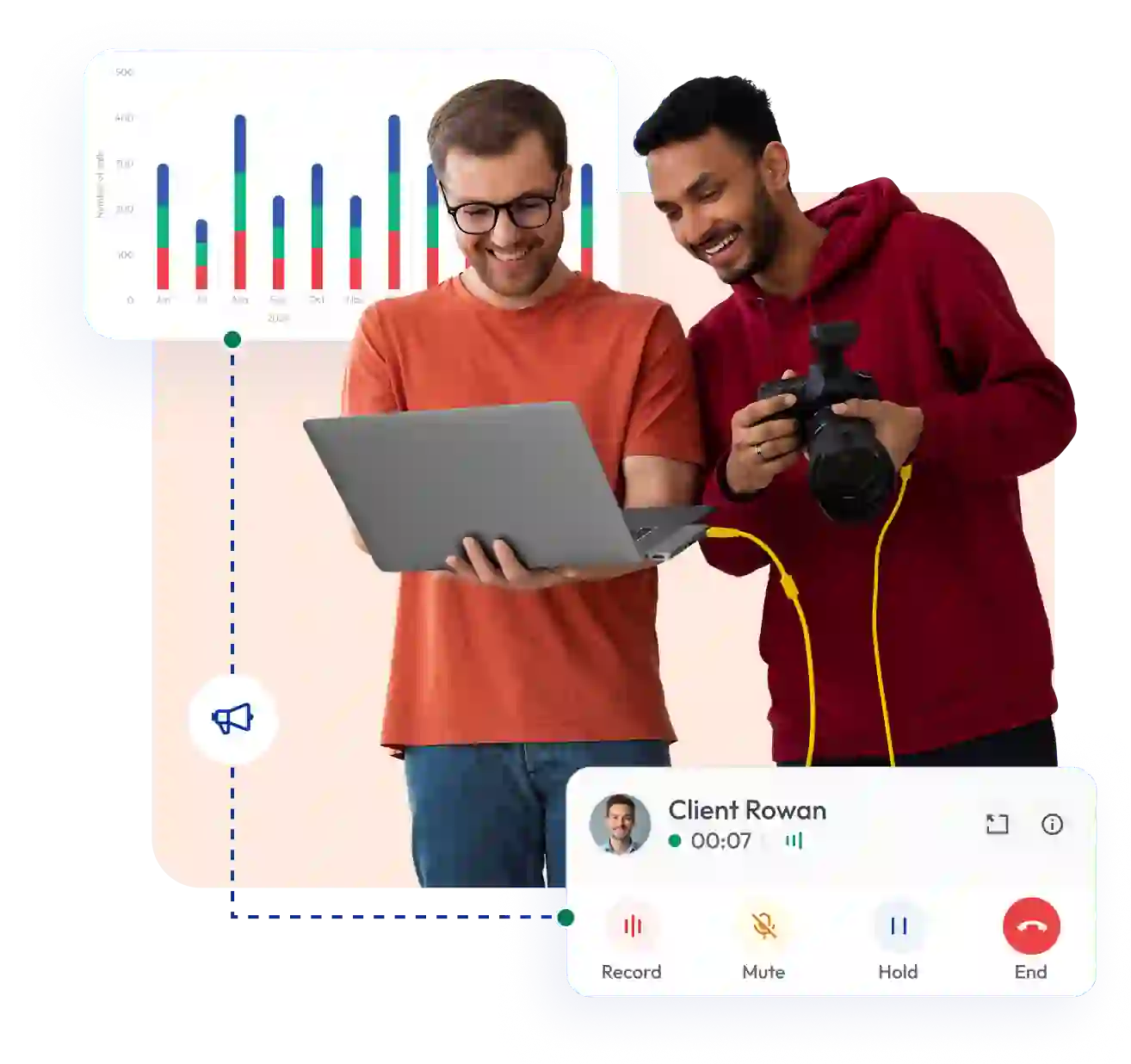 two men working together showing call duration, profile picture, and controls for recording, muting, holding, ending the call, and additional call options.