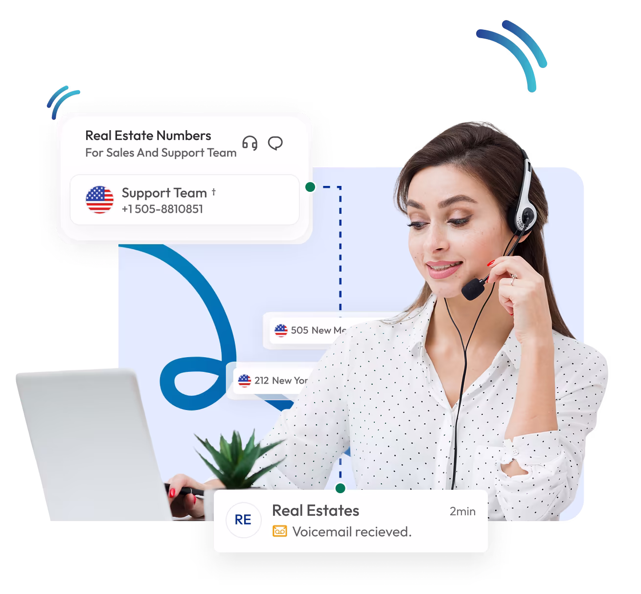 a agent talking wearing a headphone and real state number shown