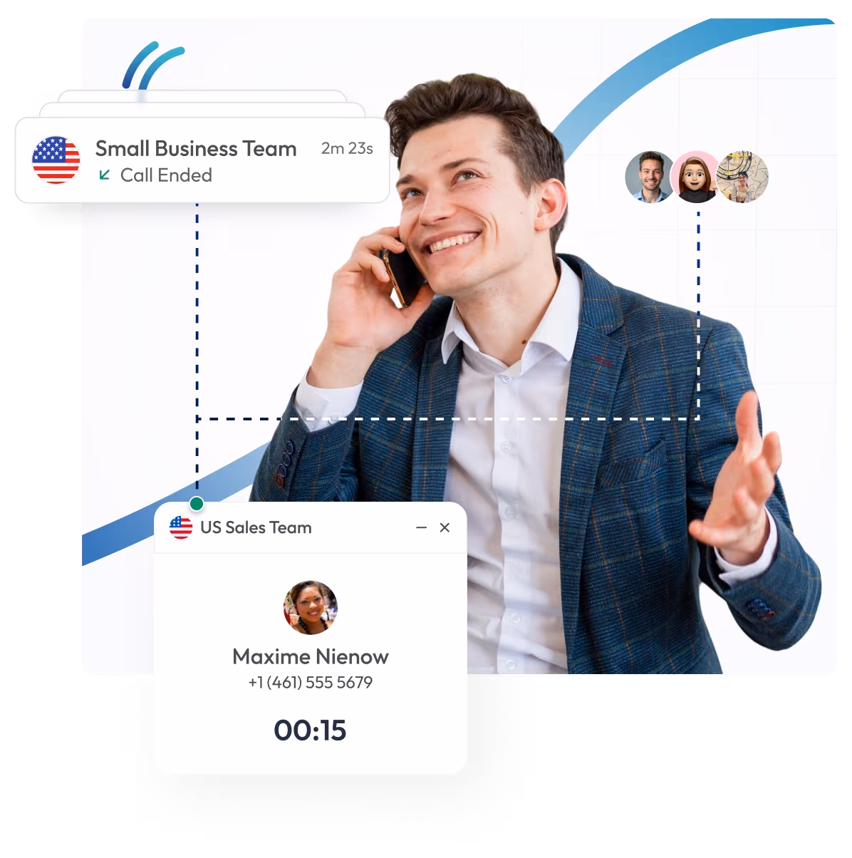 businessman on phone with sales team call interface and customer support dashboard