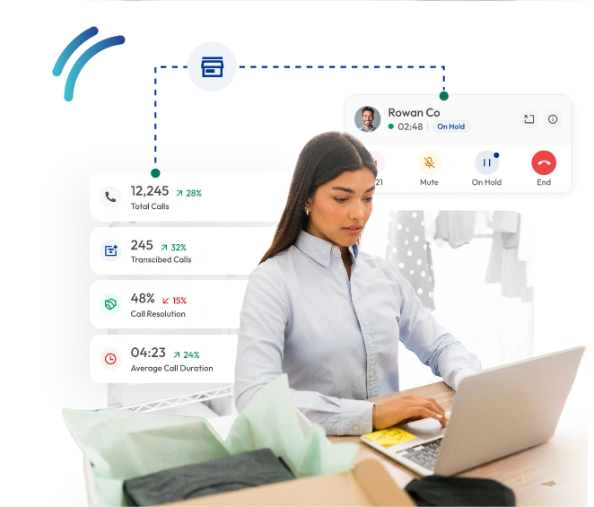 Customer service representative using call center software to manage retail customer calls and performance analytics on a laptop