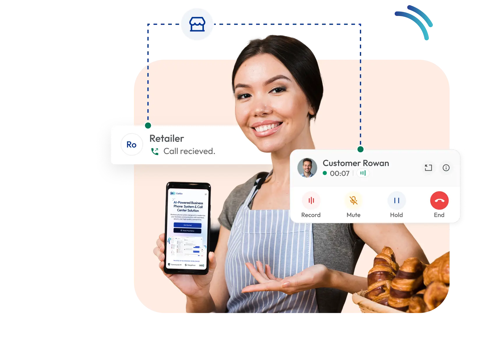 Businesswoman in retail using phone system to provide customer service