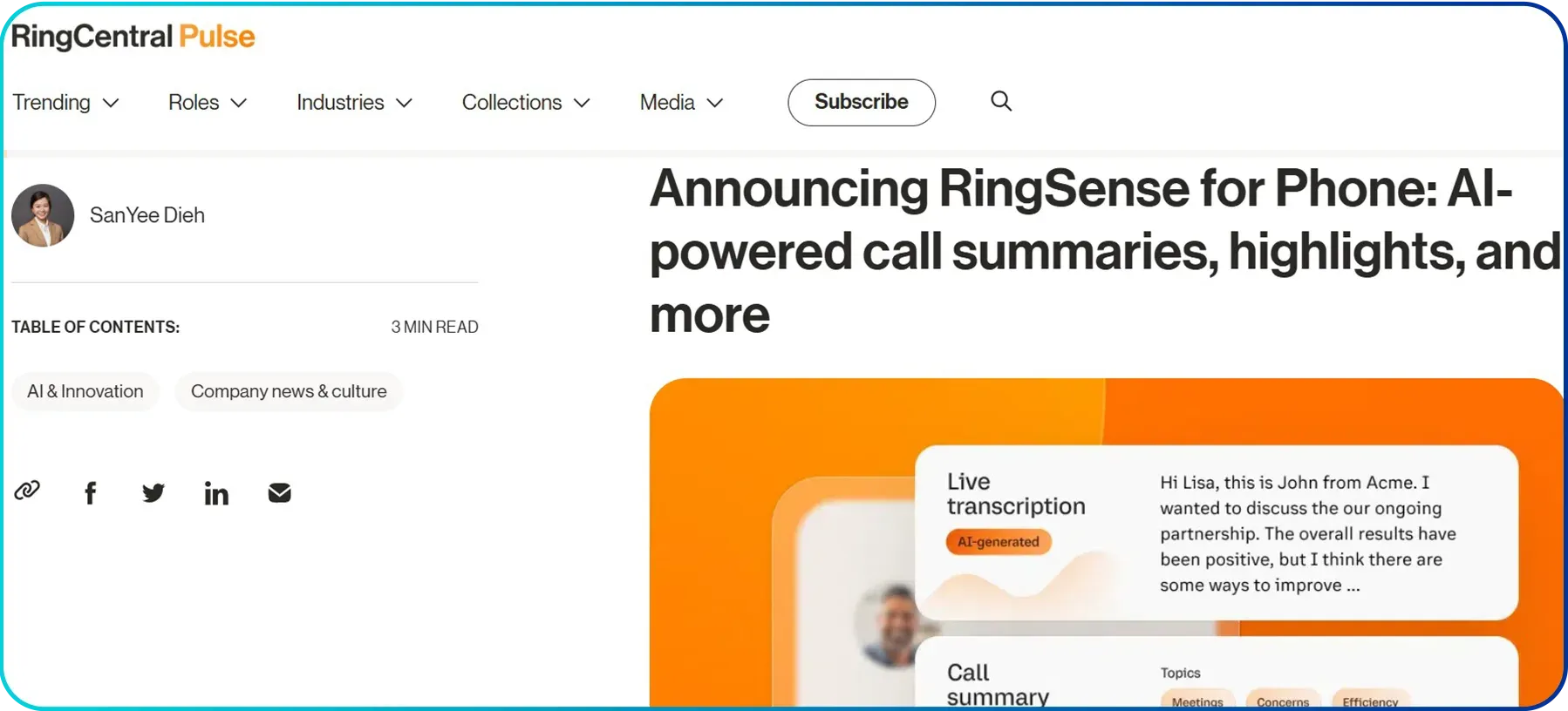 call summary feature page of ringcentral