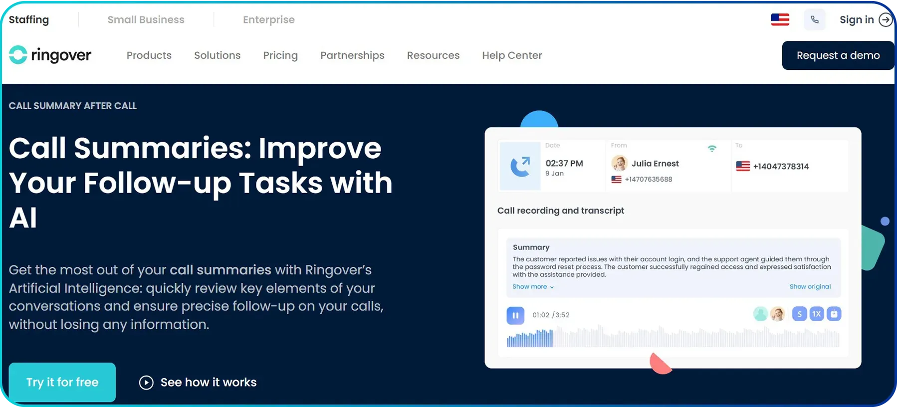 call summary feature page of ringover
