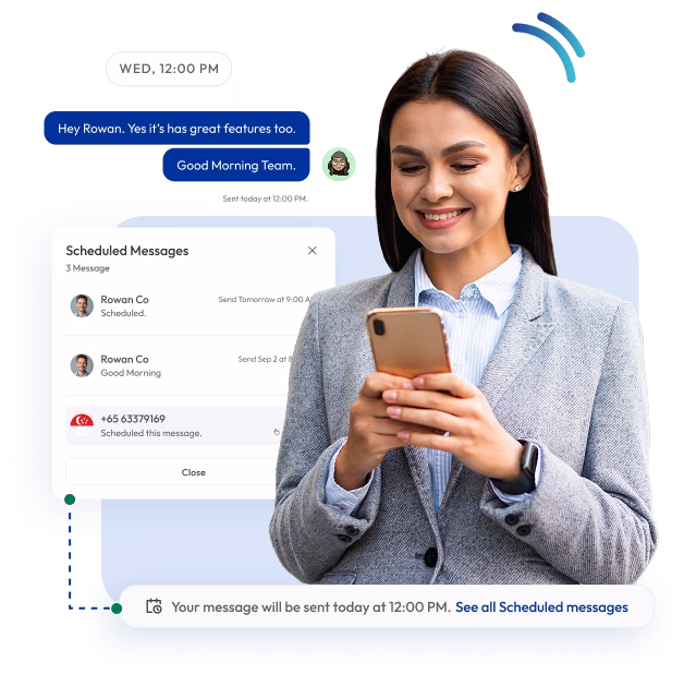 scheduled messages showing upcoming messages and a notification confirming a message