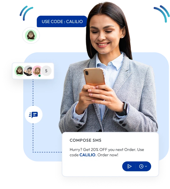 Woman sending bulk SMS marketing campaign using Calilio with 20% off discount code