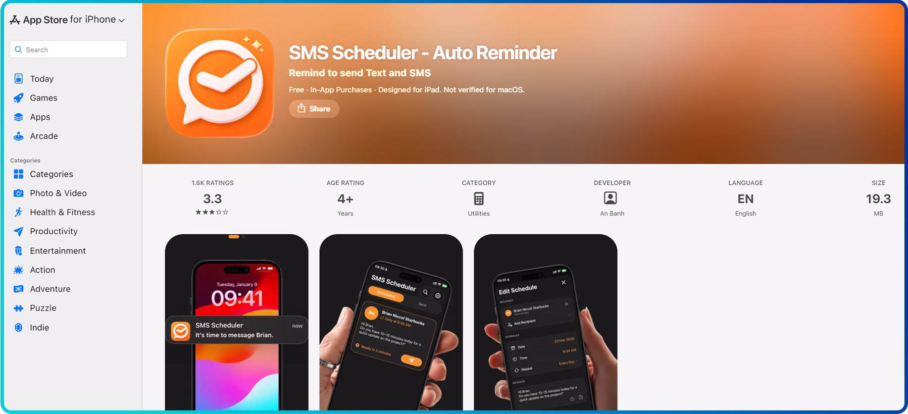 app store interface of sms scheduler