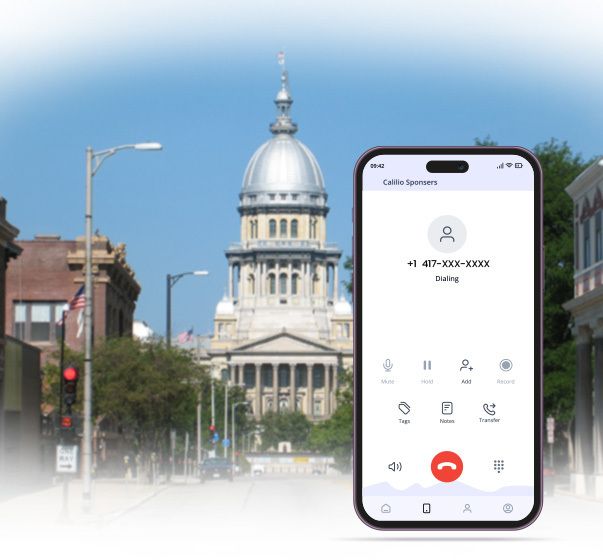  A phone dialing 417 area code number and Illinois State Capitol in background