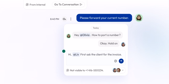 Shared inbox conversation with internal note