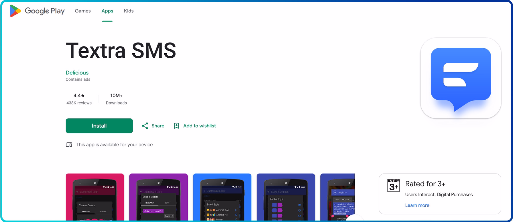 interface of textra sms google play