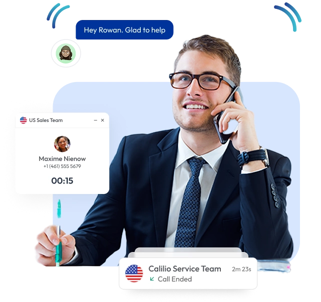 A man is talking on a cell using interface of Calilio
