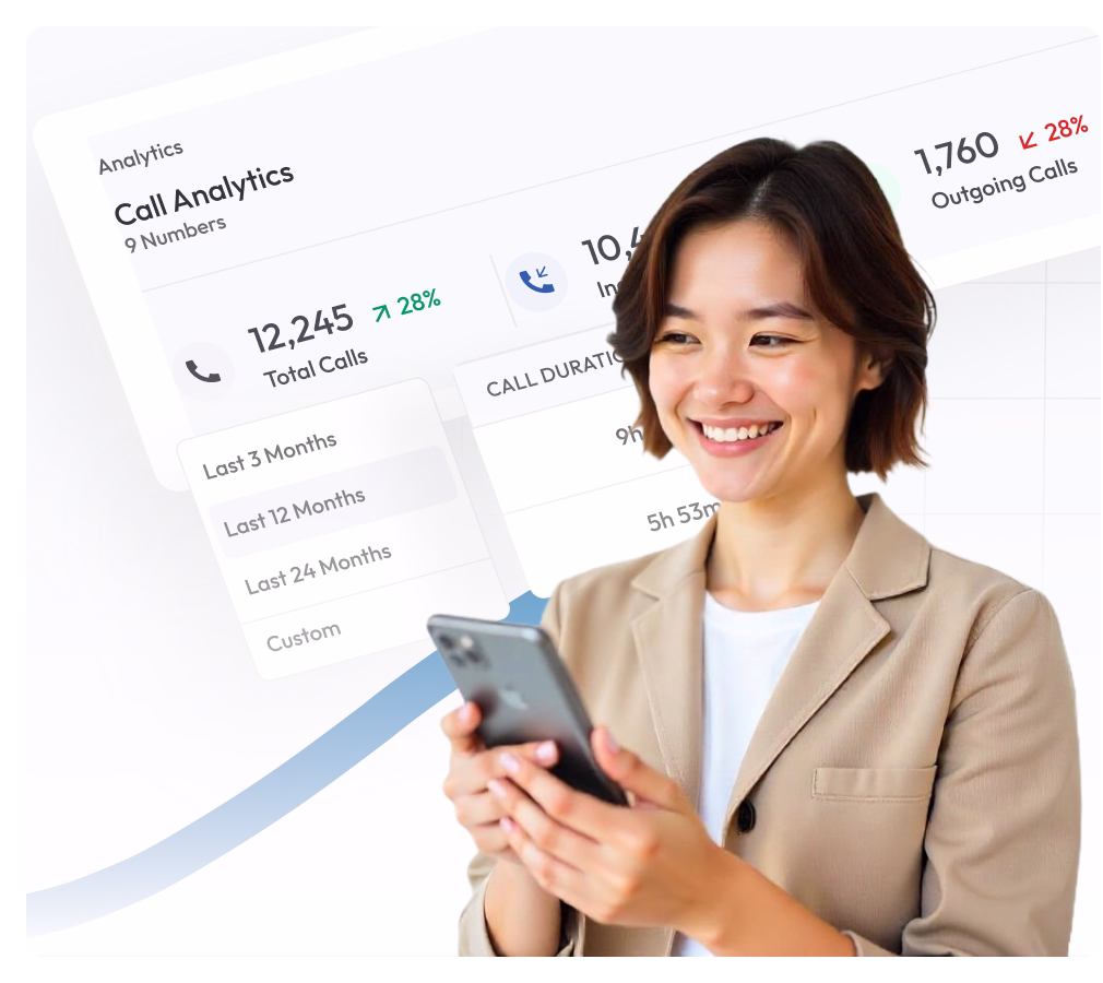 Professional woman reviewing call analytics dashboard on mobile device