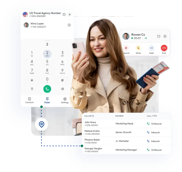 Travel agent using VoIP call center software to manage inbound and outbound calls for a travel agency, showing call interface, contact list, and caller ID details on screen