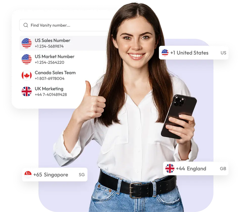 smiling woman holding phone with international virtual numbers for USA, UK, Canada, and Singapore