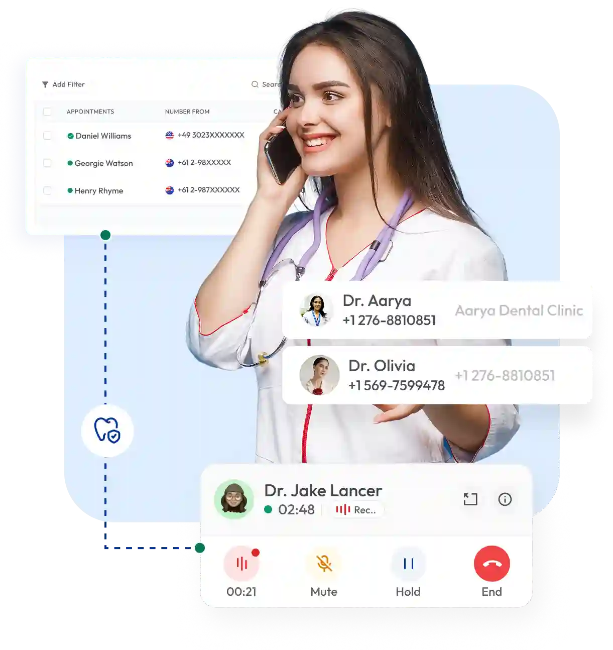 graphic of a dental clinic with an active call on a voip mobile phone