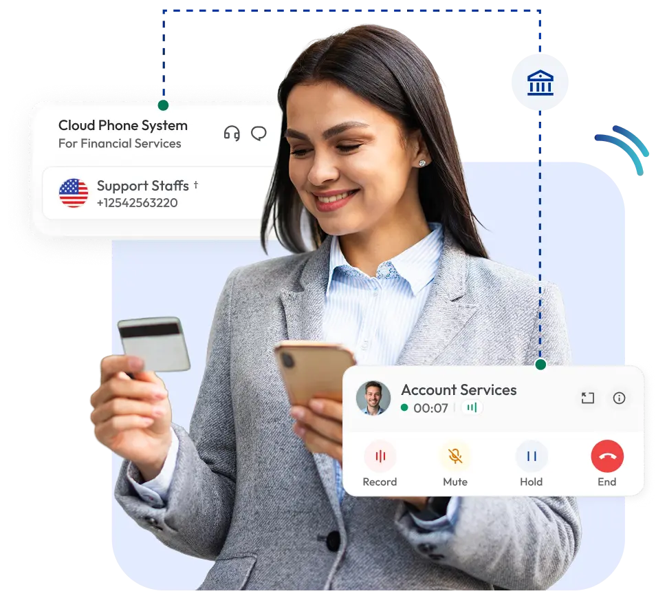 Businesswoman using cloud phone system for financial services