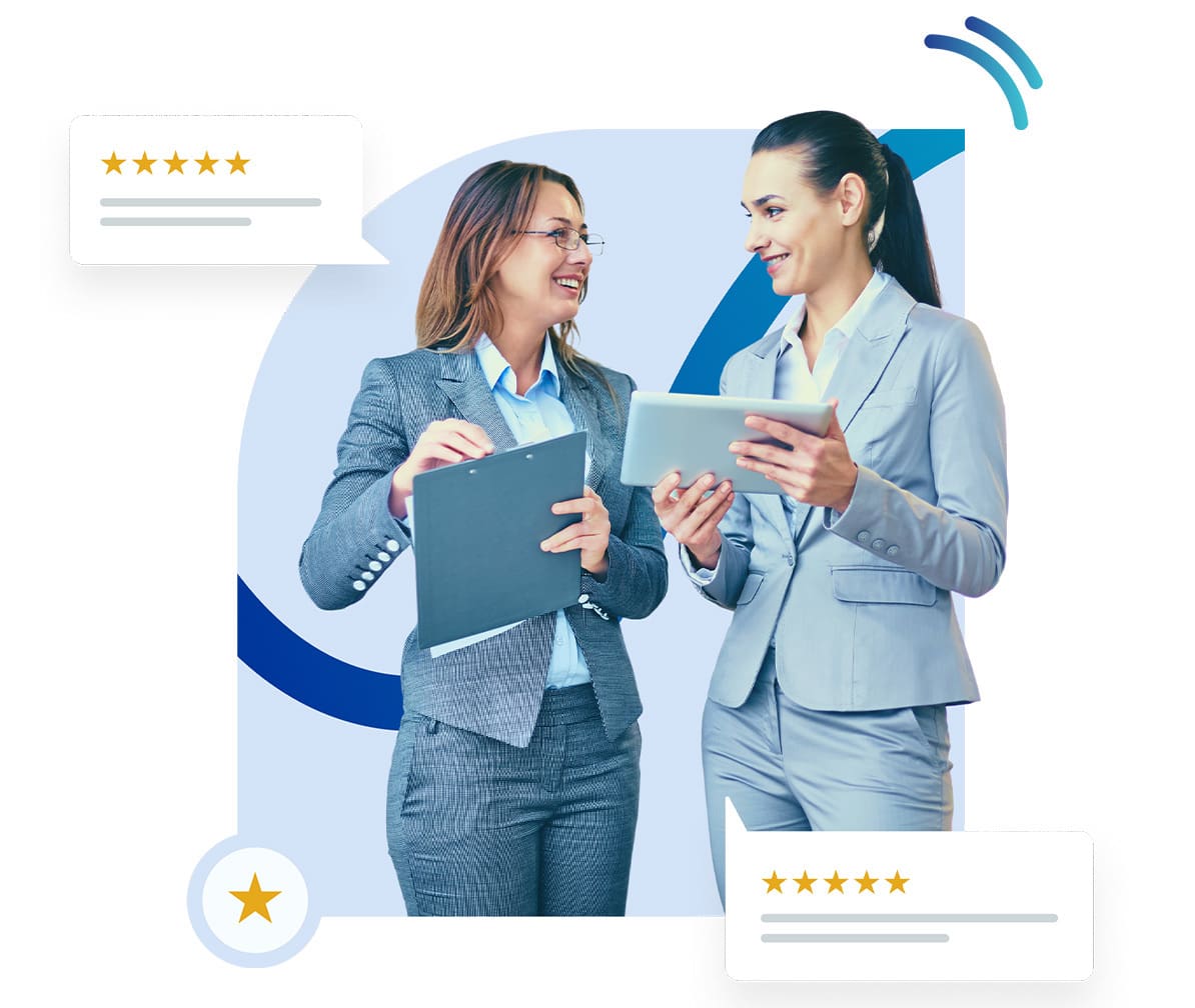 two professional women smiling and discussing using a clipboard and tablet with 5-star customer reviews
