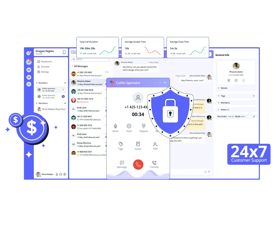 Secure business call dashboard with 24x7 customer support display.
