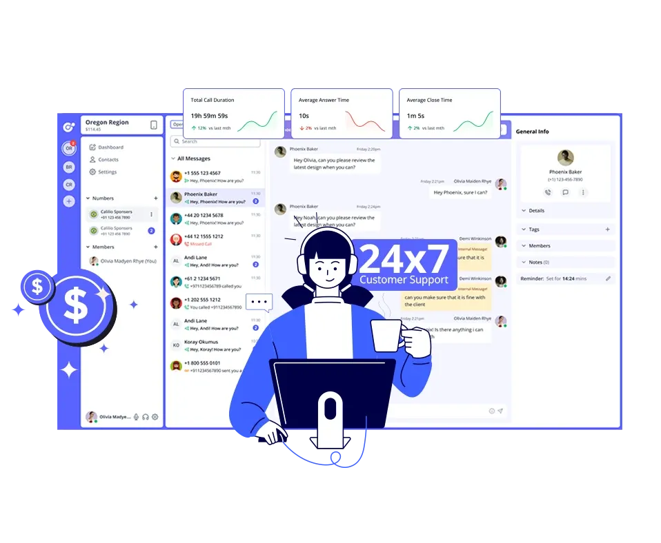 Customer support dashboard with 24x7 assistance and call analytics.