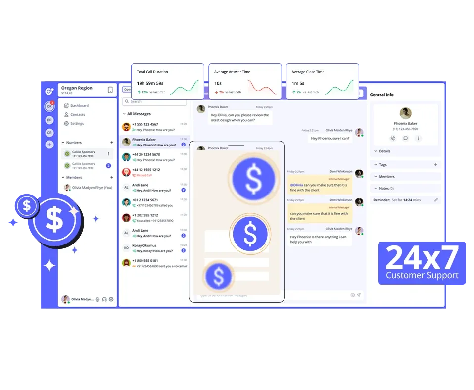 A communication dashboard showcasing messages, stats, and 24x7 support.