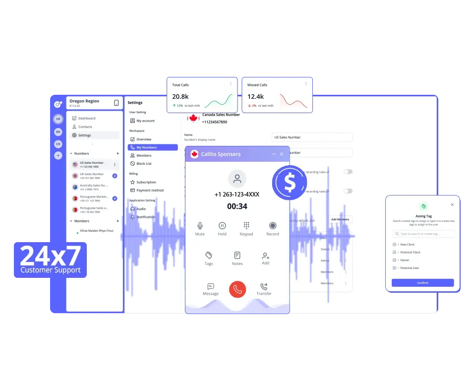call dashboard interface with call analytics and 24x7 support