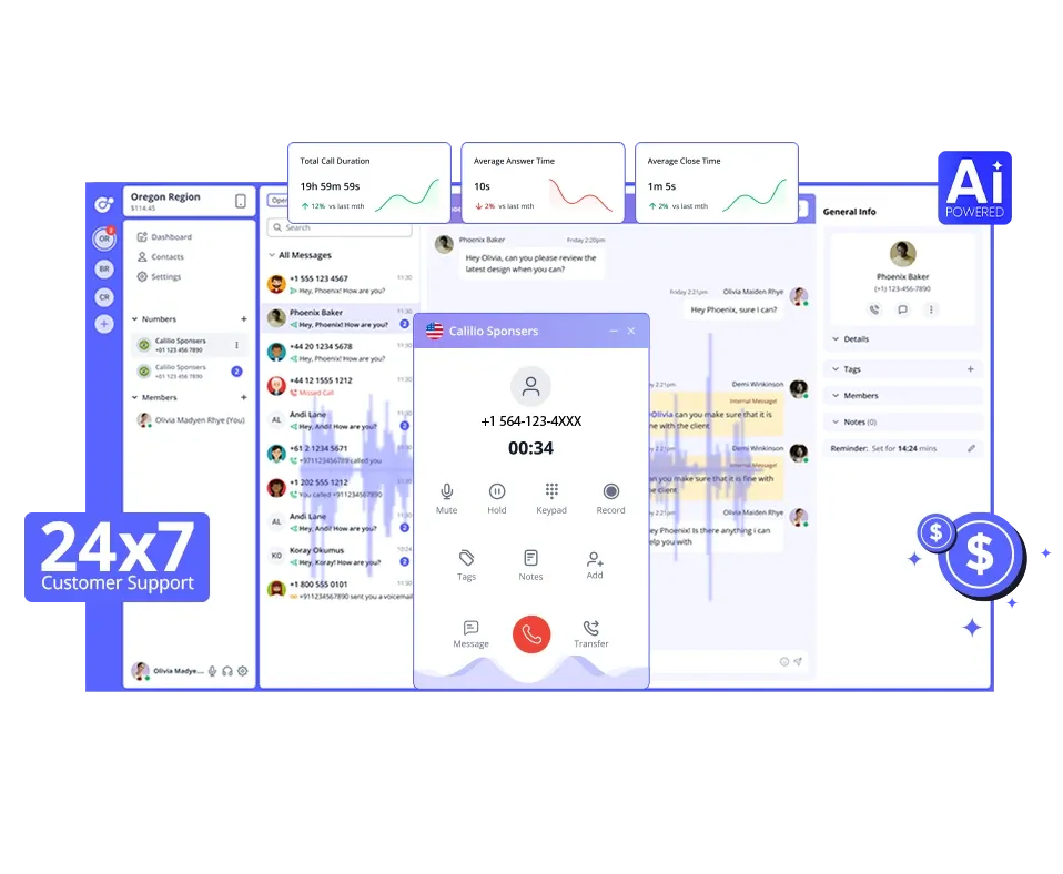 24 hour service by calilio for 564 area code phone number