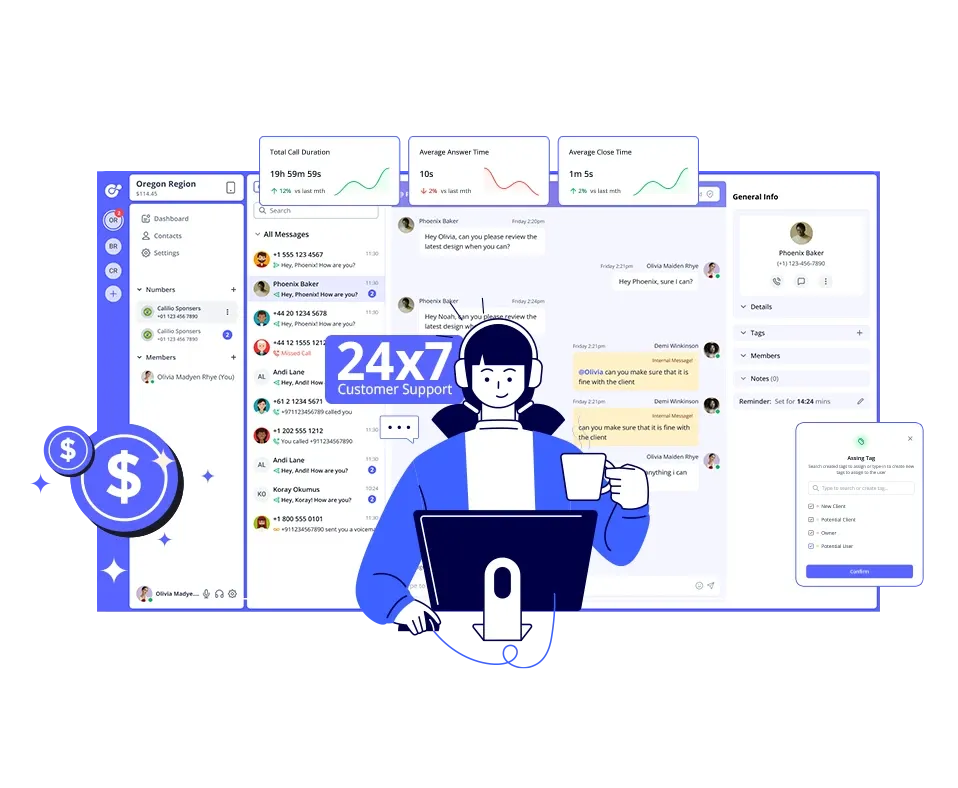 Illustration of customer support interface with 24x7 service