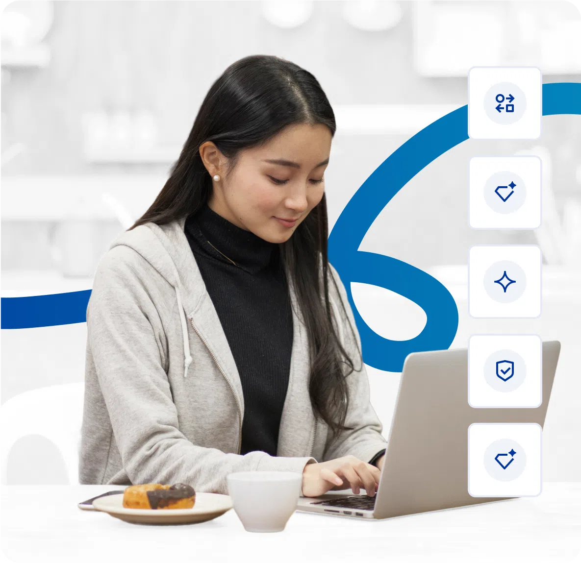 Professional woman working on laptop with business feature icons in modern workspace