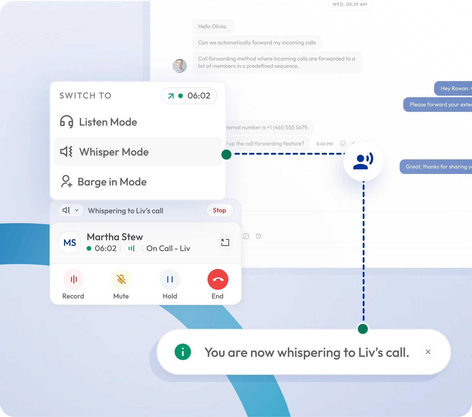 Calilio call whispering and live call monitoring workflow