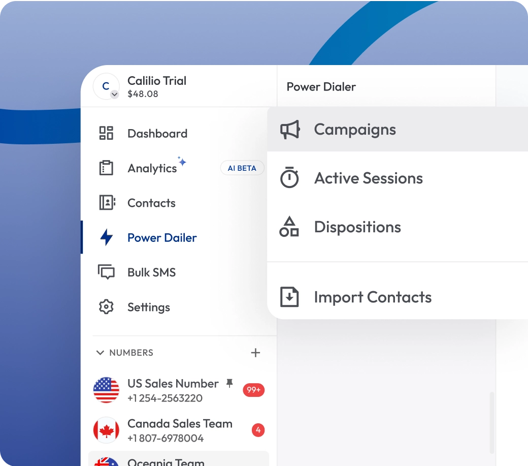 calilio power dialer campaign dashboard
